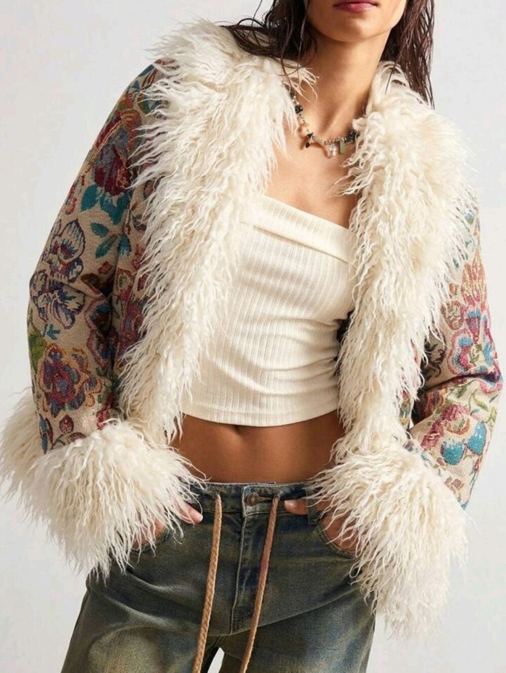 Women's Jacquard Patchwork Fuzzy Long Sleeve Loose Fashion Jacket - Picture 2 of 9